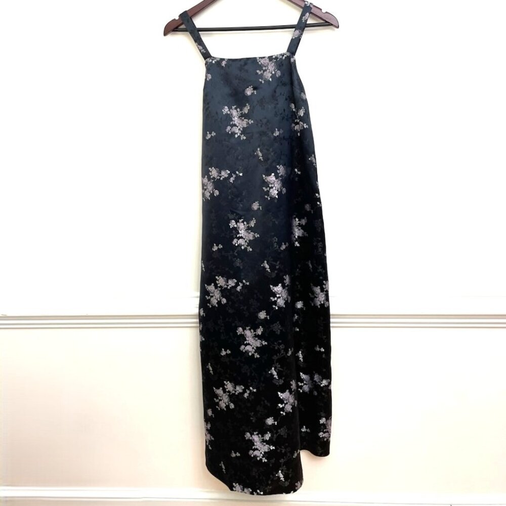 Hand Made Floral Slip Maxi Dress Black w/ Purple Flowers Asian Silky Sleeveless